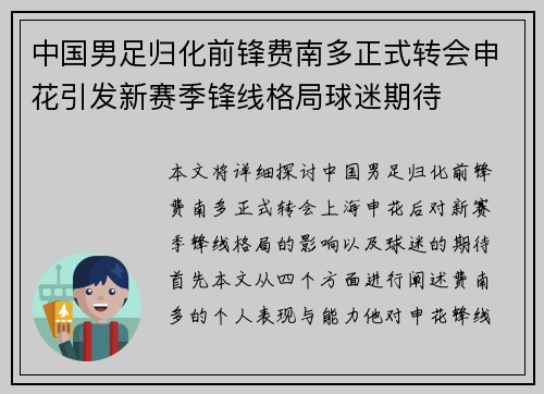 中国男足归化前锋费南多正式转会申花引发新赛季锋线格局球迷期待