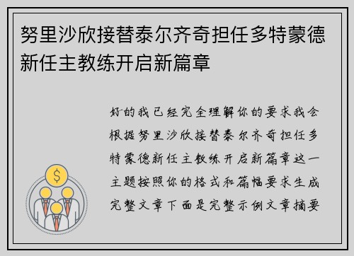 努里沙欣接替泰尔齐奇担任多特蒙德新任主教练开启新篇章