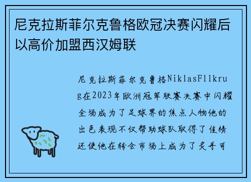 尼克拉斯菲尔克鲁格欧冠决赛闪耀后以高价加盟西汉姆联