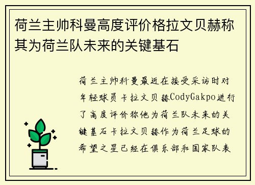 荷兰主帅科曼高度评价格拉文贝赫称其为荷兰队未来的关键基石