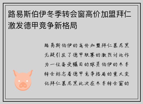 路易斯伯伊冬季转会窗高价加盟拜仁激发德甲竞争新格局