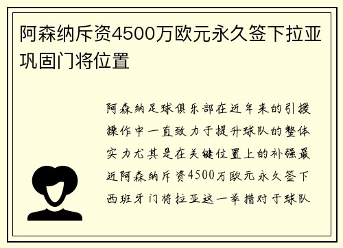 阿森纳斥资4500万欧元永久签下拉亚巩固门将位置